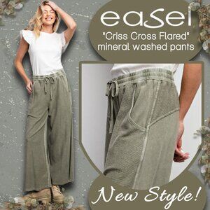 EASEL "Criss Cross" Full Length Mineral Washed Pants, Wide Flared Leg & Pockets